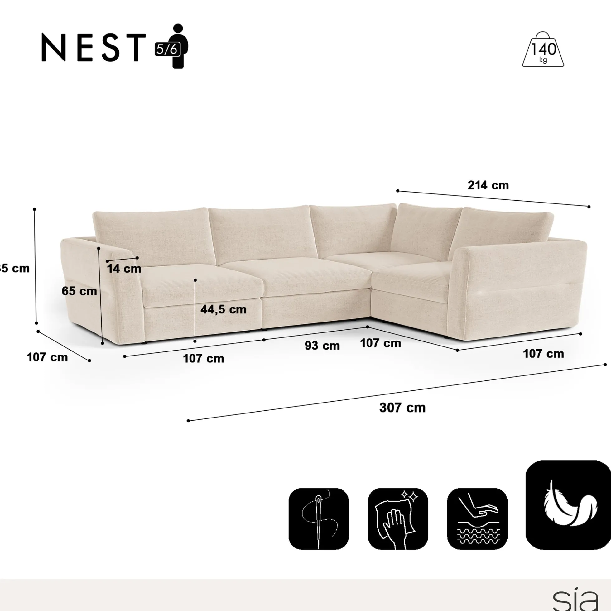 Canapé d'angle droit modulable 5-6 places Nest