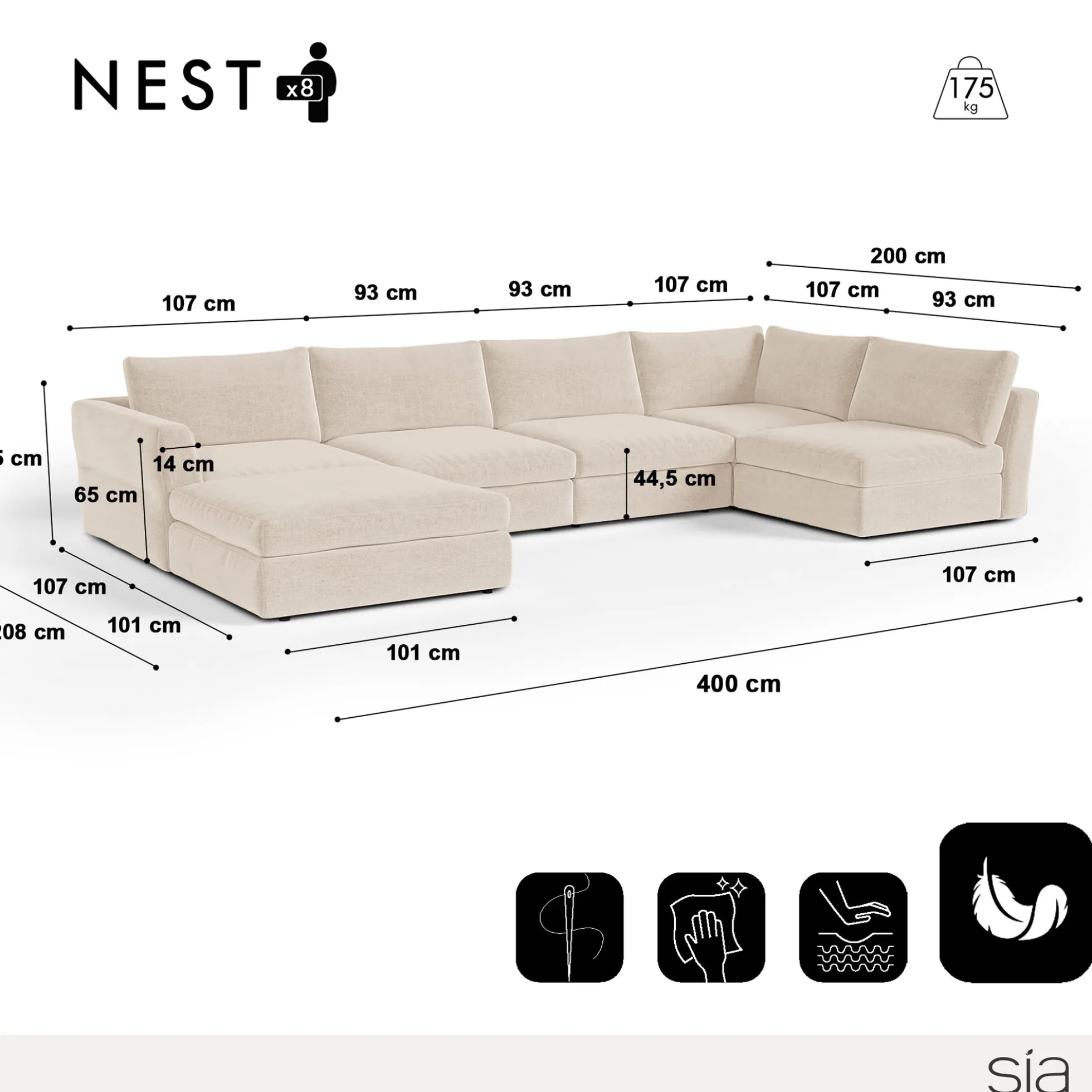 Canapé grand angle modulable 8 places Nest